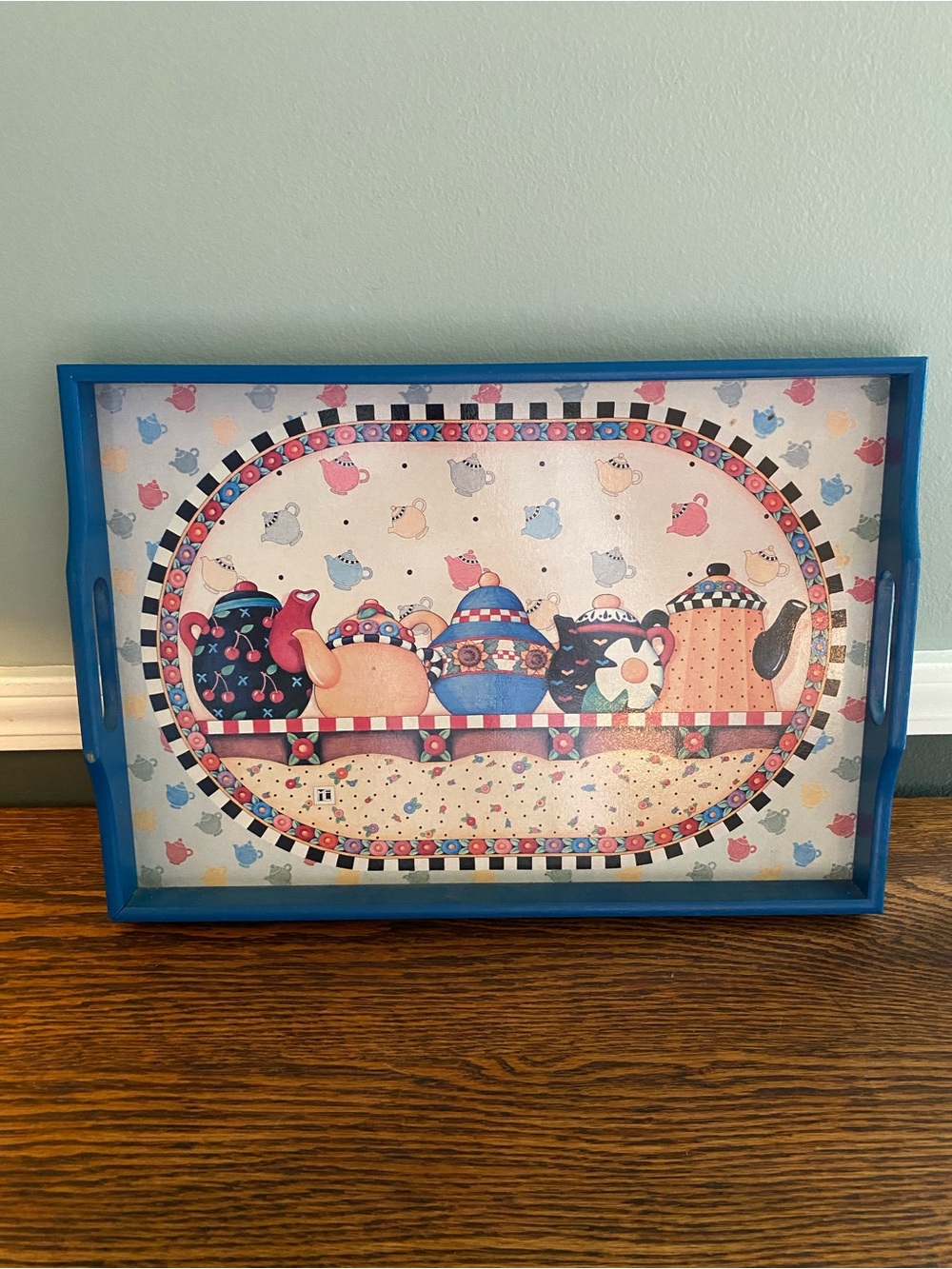 Vintage 90s Mary Engelbreit Large Wood Serving Tray Colorful Teapots Tea Party